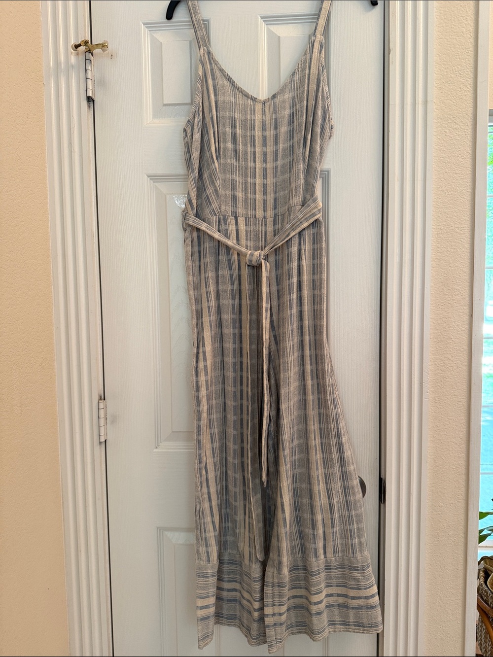 Sharagano Blue and Cream Striped Sleeveless Jumpsuit